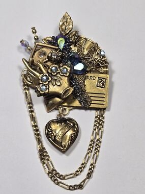 Vintage Gold-Tone Floral Postcard Brooch with Blue-Purple Crystal Accents